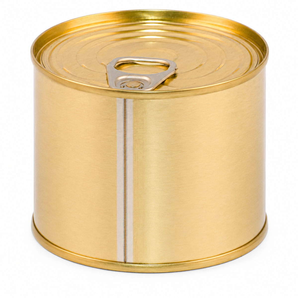 Goldfarbene Stahlaufreißdose mit 73 mm Durchmesser und 58 mm Höhe, glattem Dosenkörper, sichtbarer Längsnaht und geschlossenem Ringpull-Deckel auf weißem Hintergrund.

