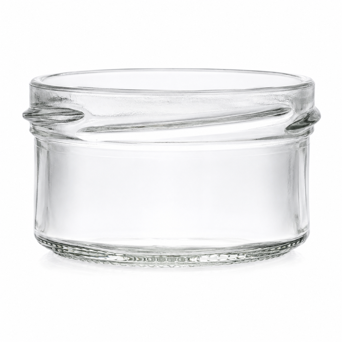 Kleines, transparentes Sturzglas 70 ml mit niedriger Zylinderform und breiter TO-66-Mündung auf weißem Hintergrund.