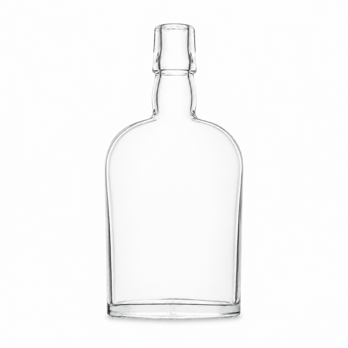 Klare 350-ml-Taschenflasche aus Glas mit flacher, nierenförmiger Form und Bügelmündung, leicht seitlich dargestellt, ohne Verschluss