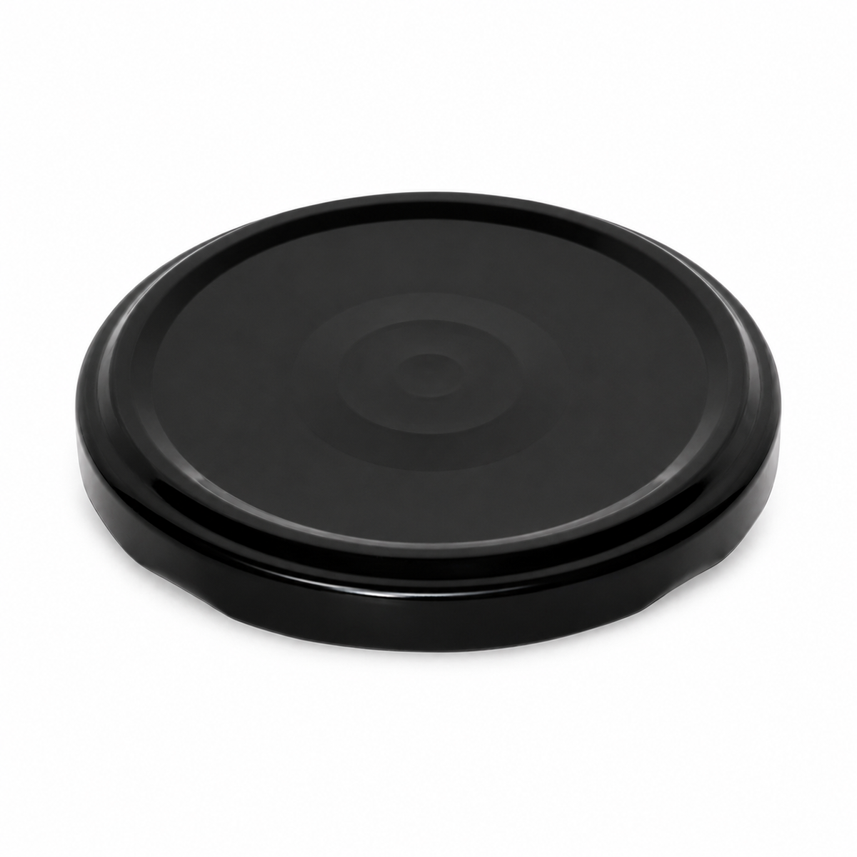 Schwarzer Twist-off-Verschluss 100 mm mit zentralem Vakuum-Button und leicht glänzender Oberfläche, schräg von oben dargestellt.