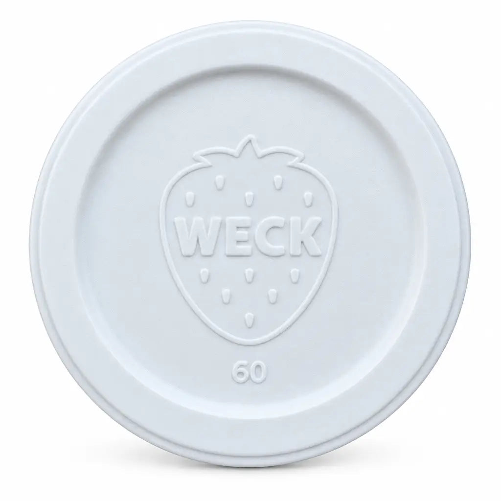 Weißer WECK-Frischhaltedeckel RR 60 aus Kunststoff mit Erdbeerlogo und 60-Prägung, frontal auf weißem Hintergrund
