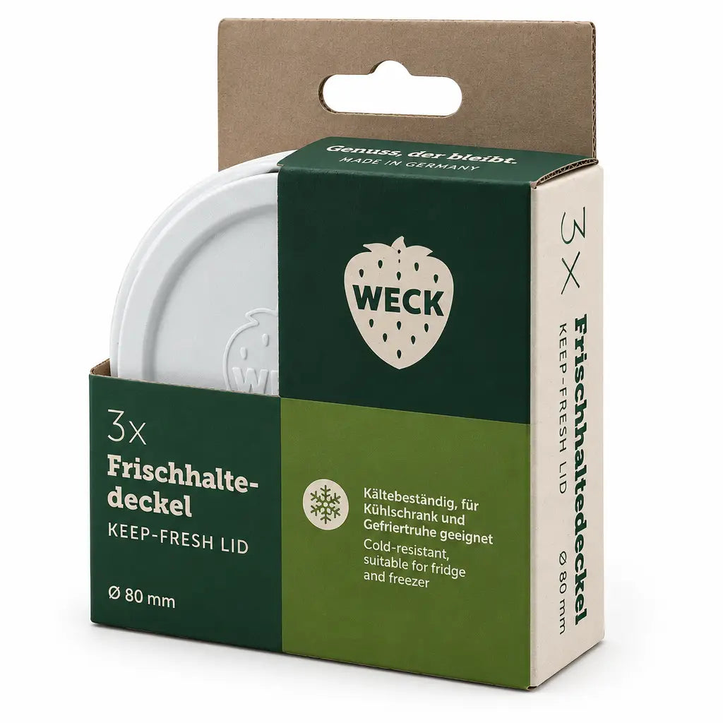 Drei WECK-Frischhaltedeckel RR 80 in grüner Verkaufsverpackung mit Ø-80-mm-Kennzeichnung auf weißem Hintergrund