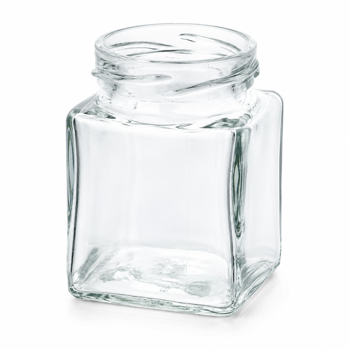 Klares Vierkantglas 106 ml mit TO-48-Mündung, kantigem Glasbody und transparenter Glasstruktur auf weißem Hintergrund.