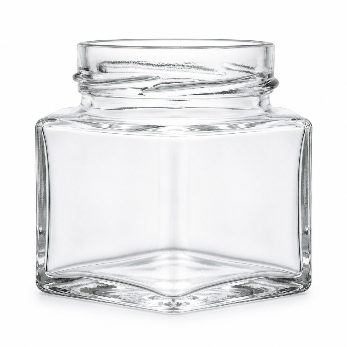 Klares Vierkantglas 212 ml mit TO-66-Deep-Mündung, kantigem Glasbody und breitem Gewinde auf weißem Hintergrund.