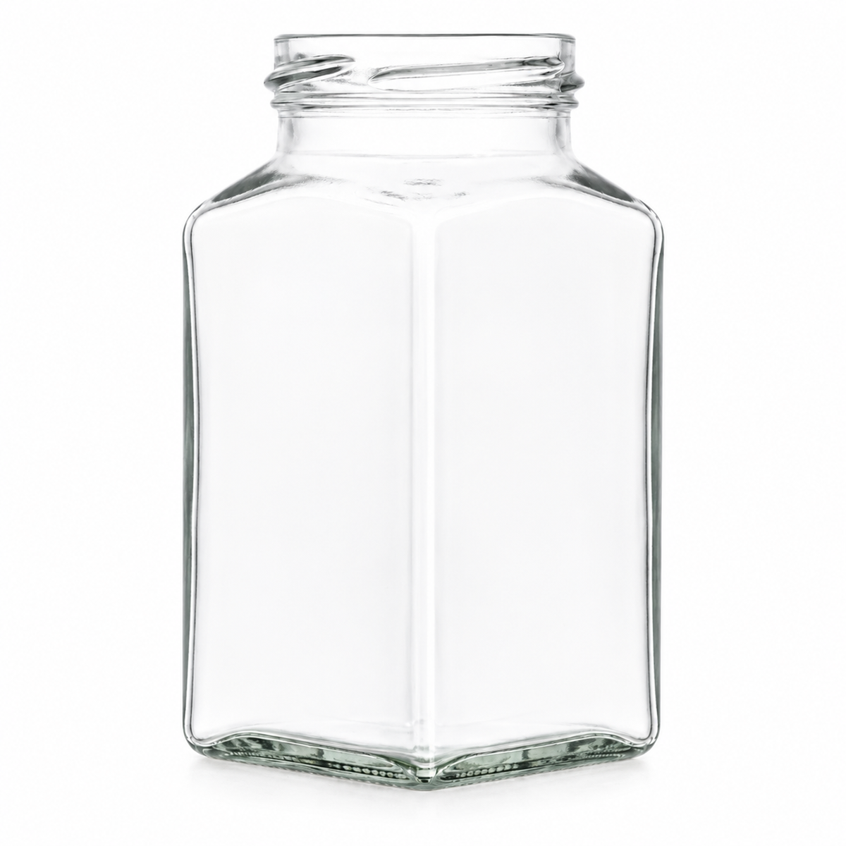 Vierkantglas 312 ml TO 58 aus klarem Glas mit quadratischem Körper, abgeschrägten Schultern und Twist-off-Mündung, frontal stehend dargestellt.