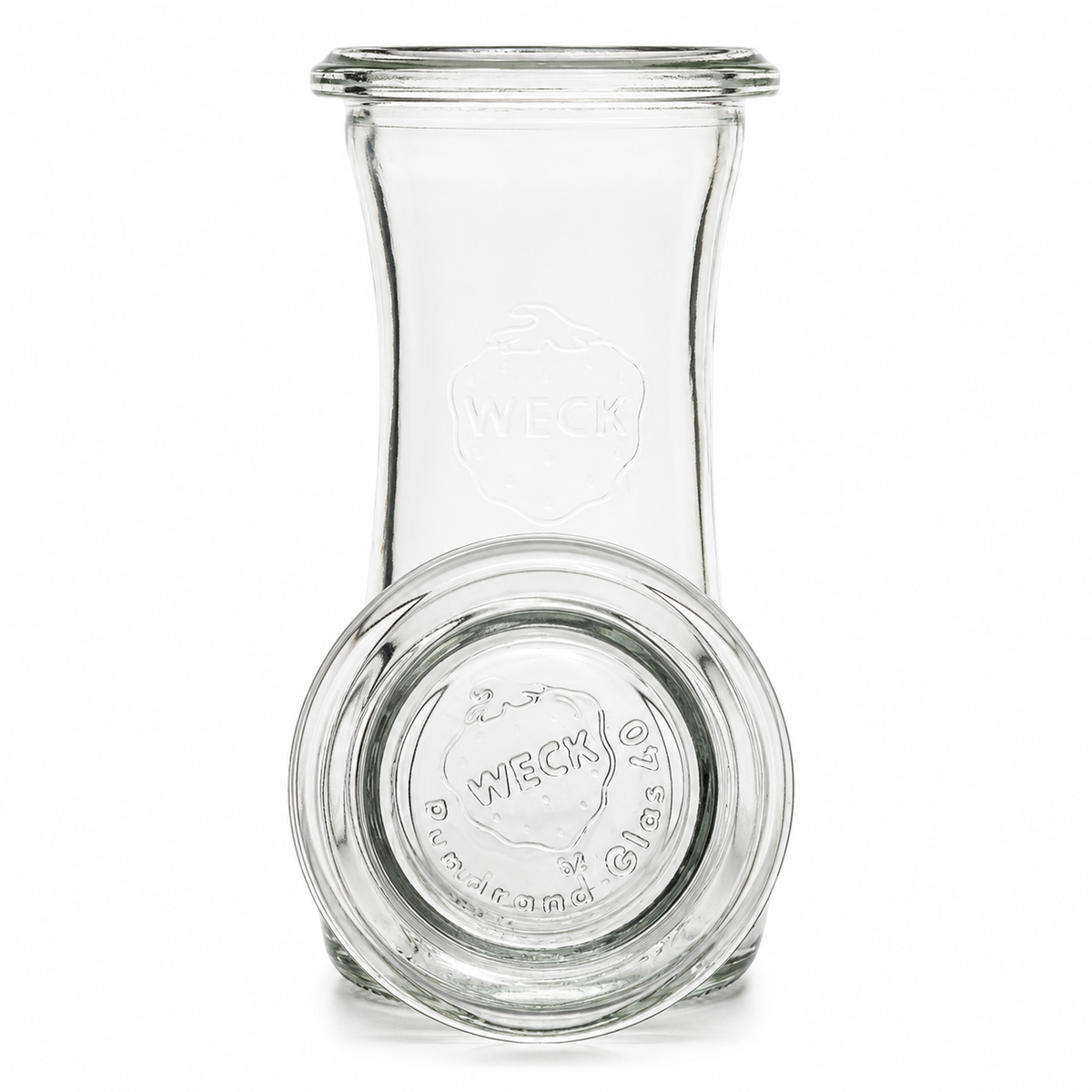 WECK-Glas aus klarem Glas mit passendem Glasdeckel, sichtbarer WECK-Prägung und weißem Hintergrund