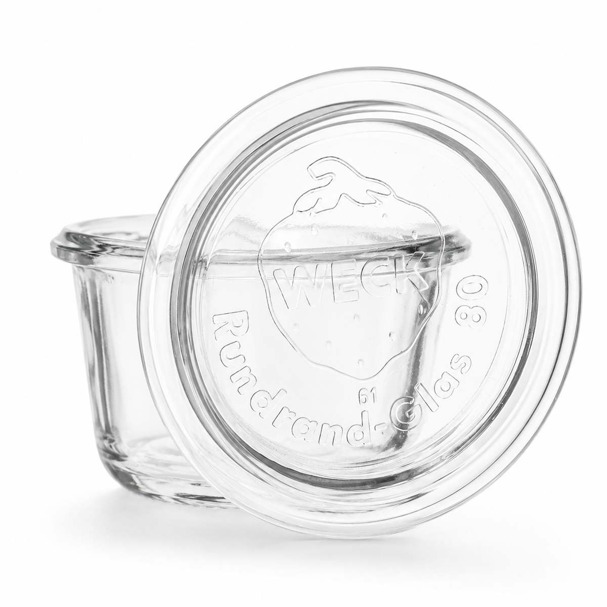 Transparentes WECK-Gugelhupfglas 165 ml RR80 mit charakteristischer Gugelhupfform und passendem Glasdeckel auf weißem Hintergrund.