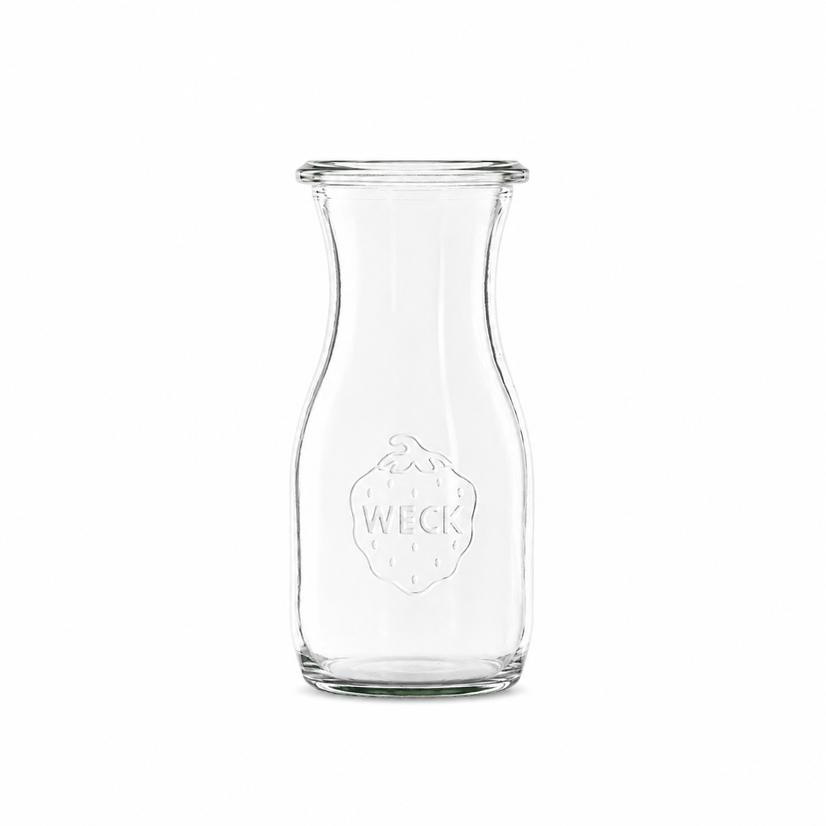 WECK Mini-Saftflasche 150 ml RR40 aus klarem Glas mit schmaler Taille, runder Öffnung und geprägtem WECK-Logo.