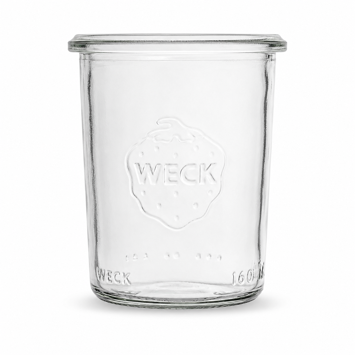 WECK-Mini-Sturzglas 160 ml RR60 ohne Glasdeckel, aus Klarglas mit kompakter Sturzglasform, Rundrandmündung und deutlich geprägtem WECK-Logo.