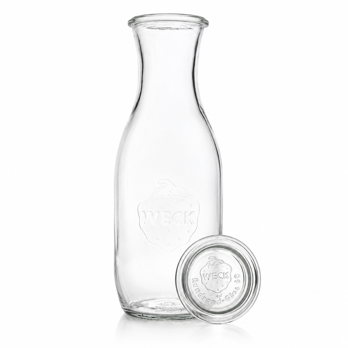 WECK-Saftflasche 1,0 l RR60 mit passendem Glasdeckel, klarer Glasstruktur und sichtbarer WECK-Prägung in freigestellter Produktansicht.