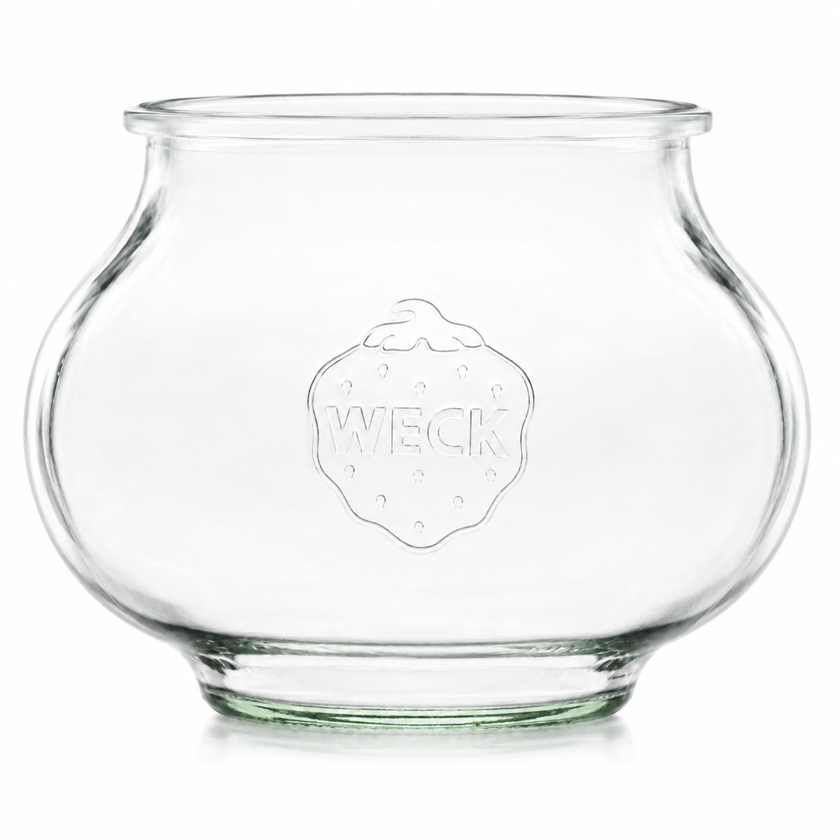 WECK-Schmuckglas 1,0 l RR100 aus Klarglas mit bauchiger Schmuckglasform, Rundrandmündung und geprägtem WECK-Logo auf weißem Hintergrund.