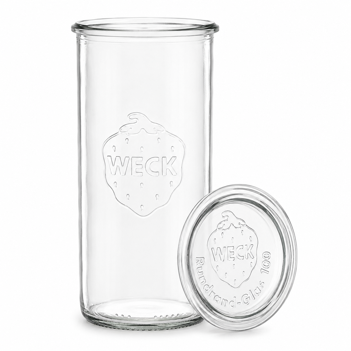 Klares WECK-Sturzglas 1500 ml RR100 mit passendem geprägtem Glasdeckel, gerader Glasform und breiter Rundrandöffnung als freigestelltes Produktbild.