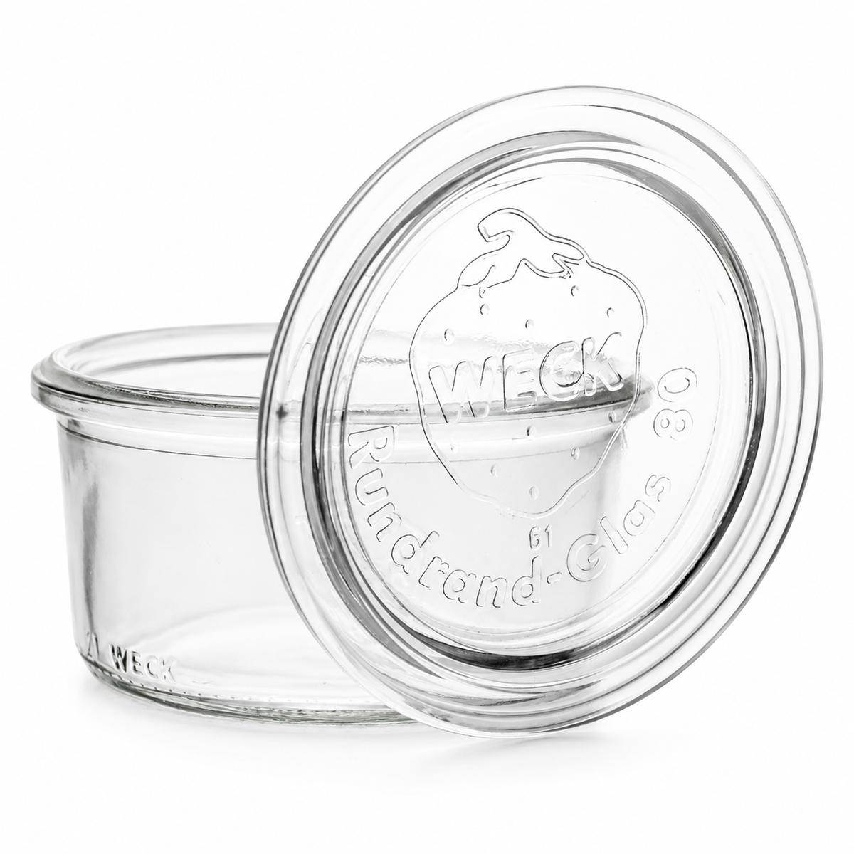 Klares WECK-Sturzglas 165 ml RR80 mit passendem Glasdeckel, geprägtem WECK-Logo und klassischer Rundrandöffnung als freigestelltes Produktbild.