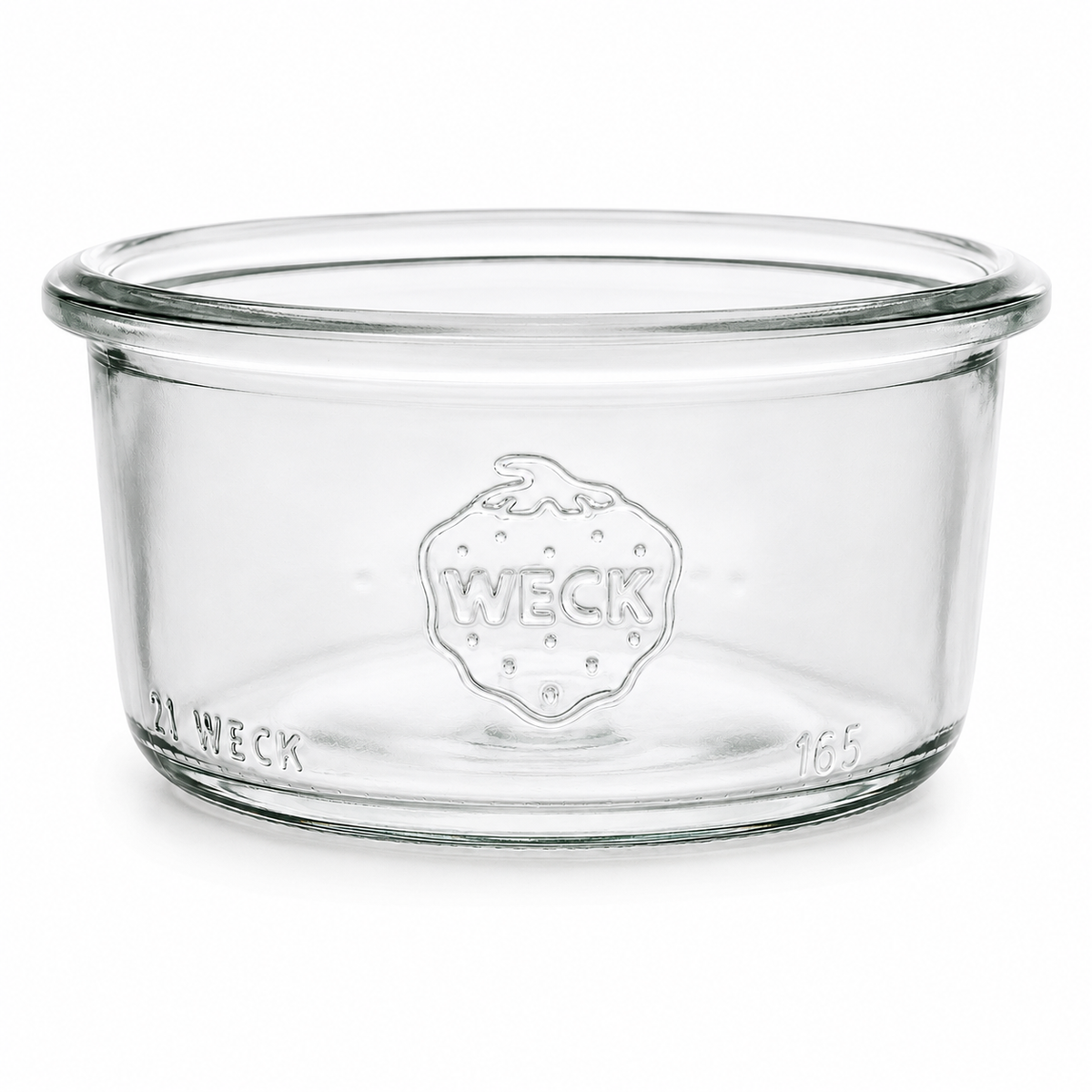 WECK-Sturzglas 165 ml RR80 aus klarem Glas mit breiter Rundrandmündung, sichtbarer WECK-Prägung und kompakter gerader Form auf weißem Hintergrund.