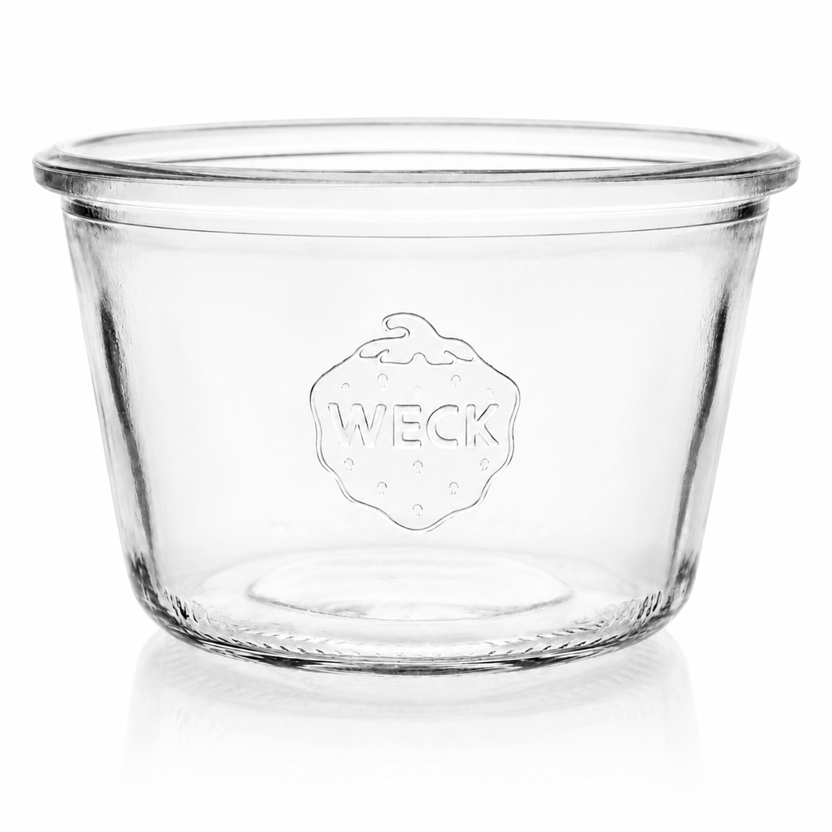 WECK-Sturzglas 370 ml RR100 aus Klarglas in freigestellter Produktansicht, mit gerader Sturzglasform, Rundrandmündung und geprägtem WECK-Logo.