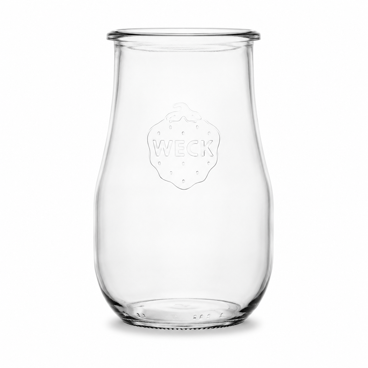 WECK-Tulpenglas 1,5 l RR100 aus klarem Glas mit großer bauchiger Form, breiter Rundrandmündung und geprägtem WECK-Logo auf weißem Hintergrund.