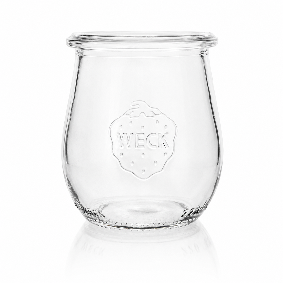WECK-Tulpenglas 220 ml RR60 aus klarem Glas mit bauchiger Tulpenform, breiter Rundrandöffnung und geprägtem WECK-Logo.