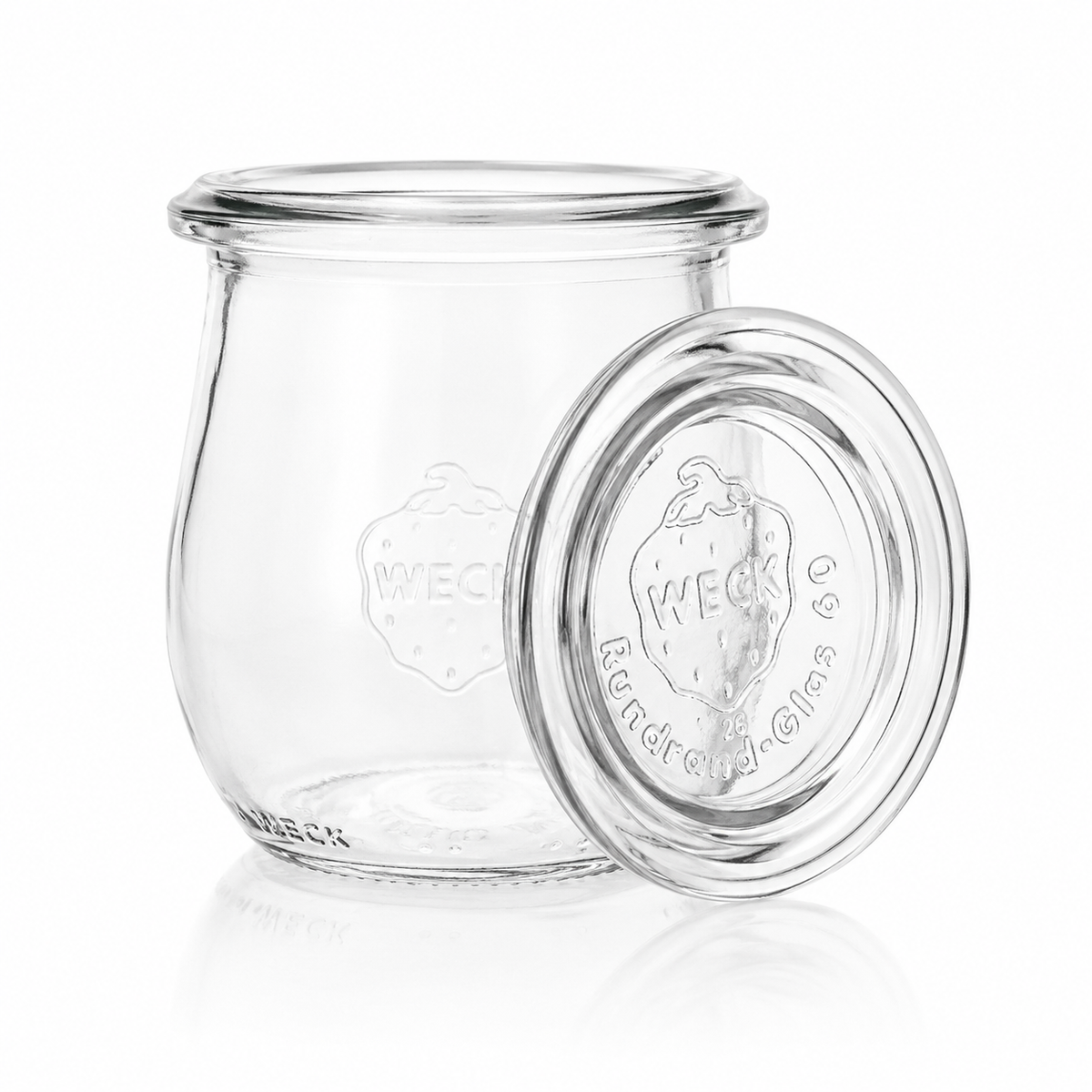 WECK-Tulpenglas 220 ml RR60 aus klarem Glas mit bauchiger Form, angelehntem Glasdeckel und sichtbarer WECK-Prägung.