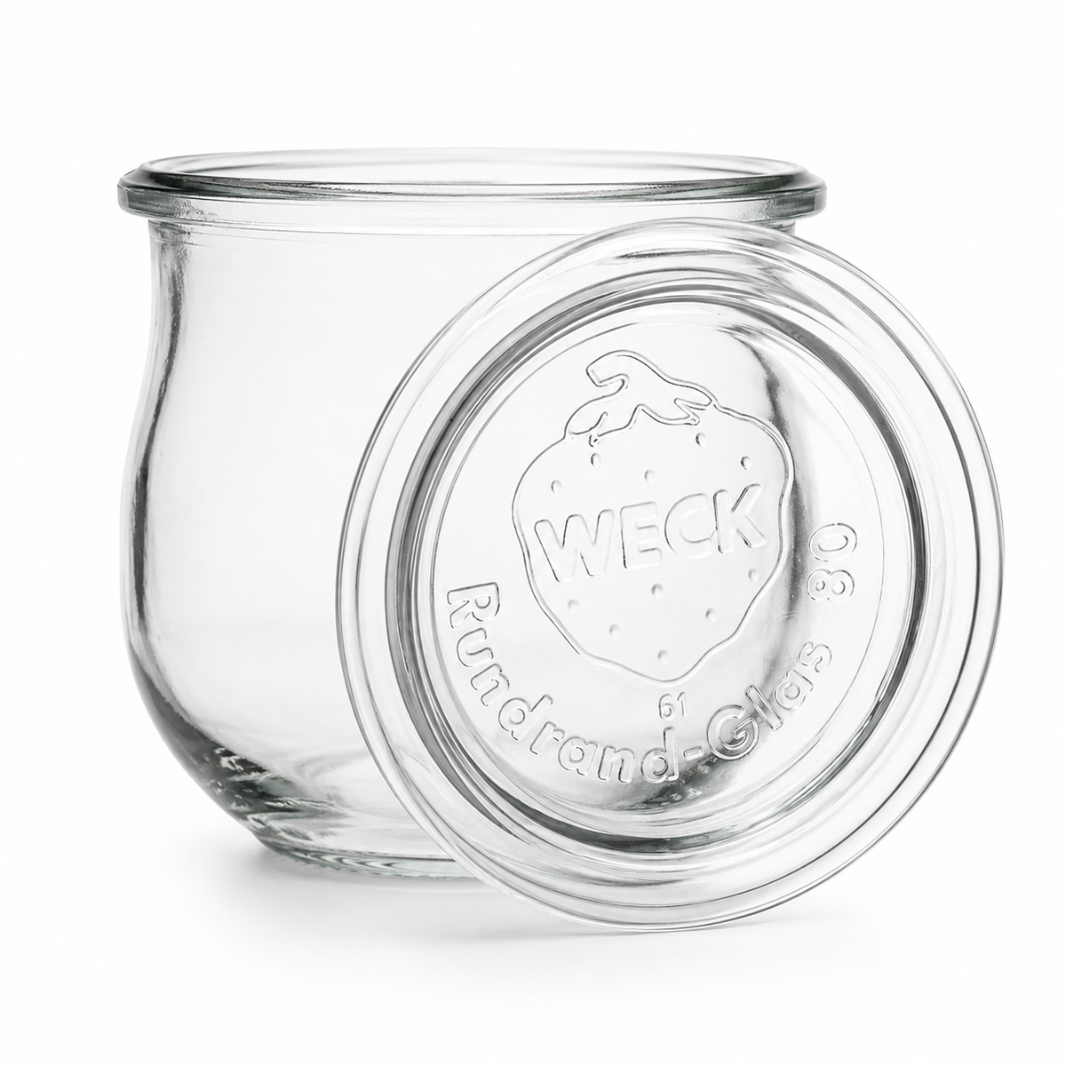 Klares WECK-Tulpenglas 370 ml RR80 mit passendem geprägtem Glasdeckel, gewölbter Glasform und Rundrandöffnung als freigestelltes Produktbild.