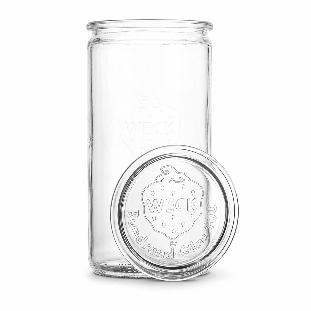 WECK-Zylinderglas 1590 ml RR100 aus Klarglas mit passendem Glasdeckel, Rundrandmündung und sichtbarer WECK-Prägung auf weißem Hintergrund.