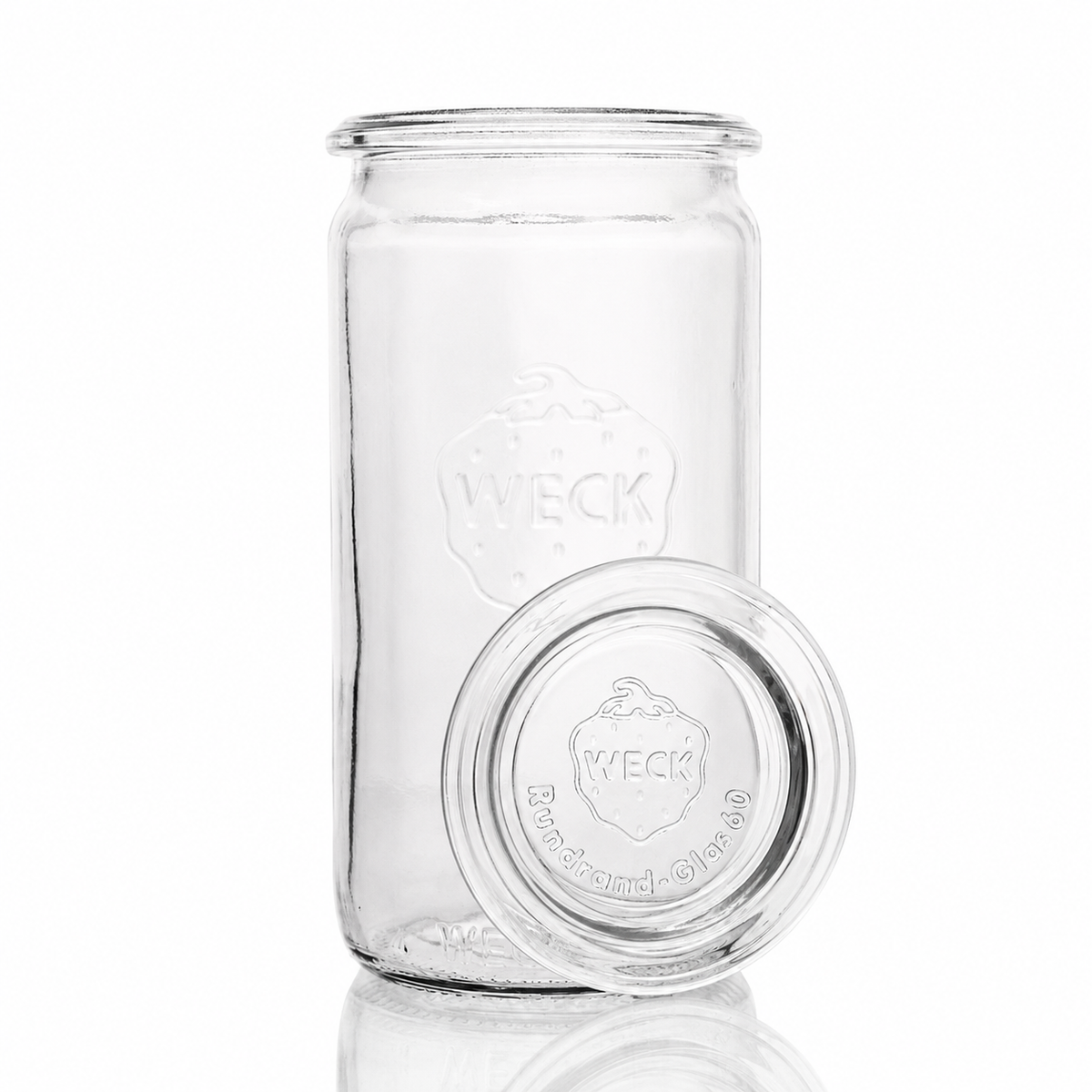 WECK-Zylinderglas 340 ml RR60 aus Klarglas mit passendem Glasdeckel, Rundrandmündung und sichtbarer WECK-Prägung auf weißem Hintergrund.