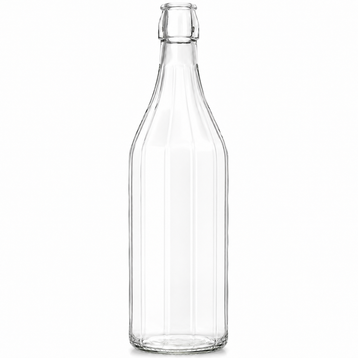 Klare 1-Liter-Zehnkantflasche aus Glas mit facettiertem Körper und Bügelverschlussmündung auf weißem Hintergrund